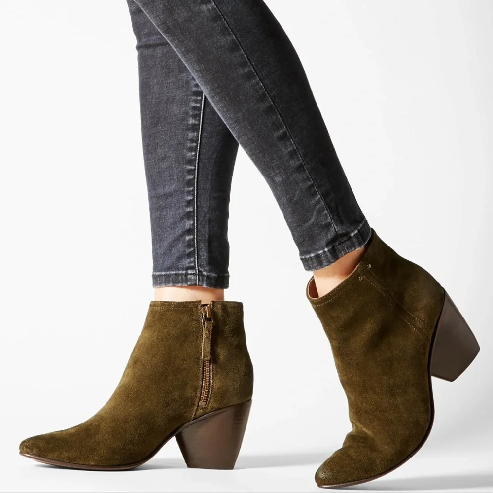 Olive Suede Ankle Boots with Side Zip - Women's